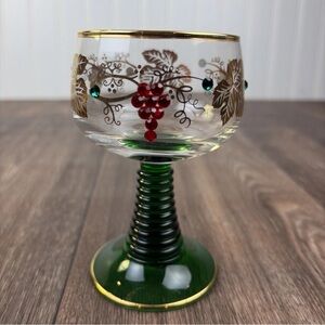 Roemer Wine Glass Goblet Beehive Green Stem Hand-Painted Grape Vine Design 4.5"